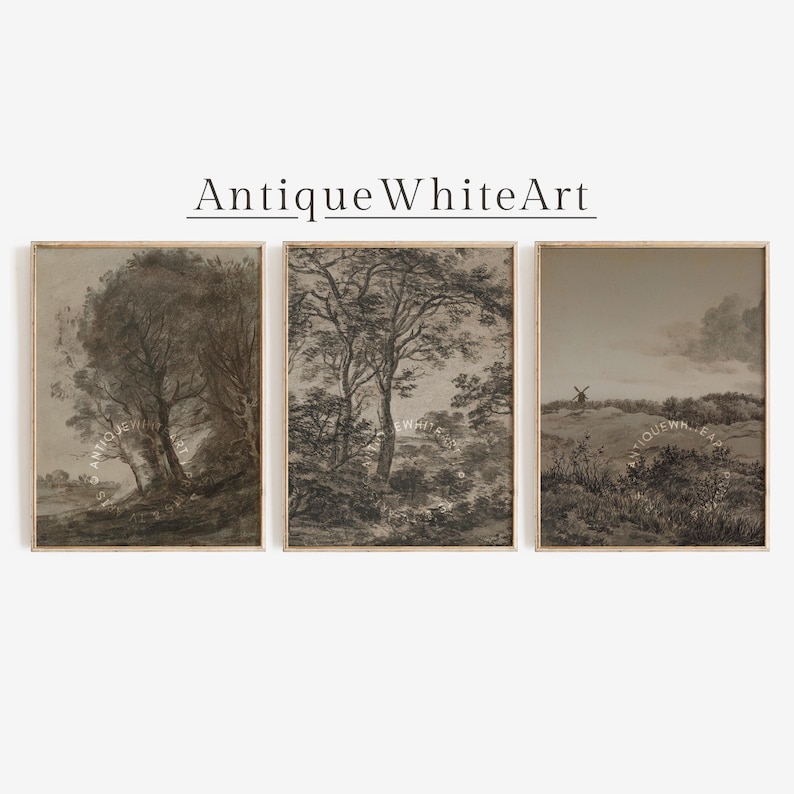 May include: Set of three framed landscape art prints in sepia tones. The prints depict trees, fields, and a windmill. The text "Antique White Art" is displayed above the prints.