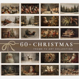 Puede incluir: Una colección de impresiones artísticas enmarcadas con una estética vintage, que presenta varias escenas navideñas. Las imágenes incluyen paisajes nevados, Papá Noel y decoraciones festivas. Se muestra el texto "60+ CHRISTMAS FRAME TV ART COLLECTION".