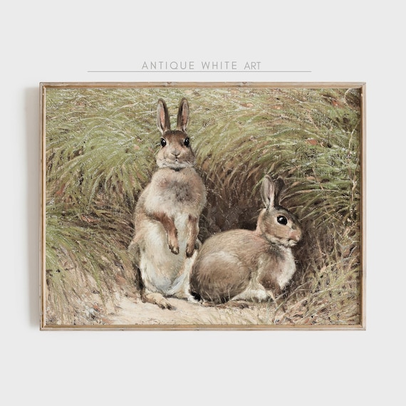 Bunnies Artwork Print, Vintage Easter Print, Kids Bunny Decor, Nursery Painting, Muted Animals Print, Rabbit Digital PRINTABLE Download A119