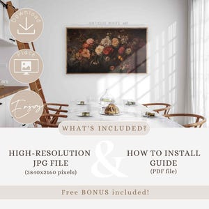 May include: A digital download of a high-resolution JPG file of a vintage floral painting, with a text overlay that says "Antique White Art". The download also includes a PDF file with instructions on how to install the artwork.