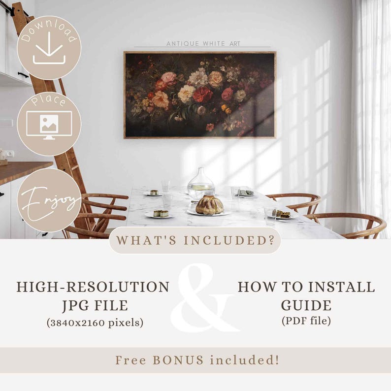 May include: A digital download of a high-resolution JPG file of a vintage floral painting, with a text overlay that says "Antique White Art". The download also includes a PDF file with instructions on how to install the artwork.