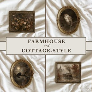 May include: Four framed wall art pieces featuring a floral bouquet, an owl, a cat on a tree branch, and a steam train. The frames are ornate gold-toned metal. The central text reads FARMHOUSE and COTTAGE-STYLE. The art prints are dark and moody.