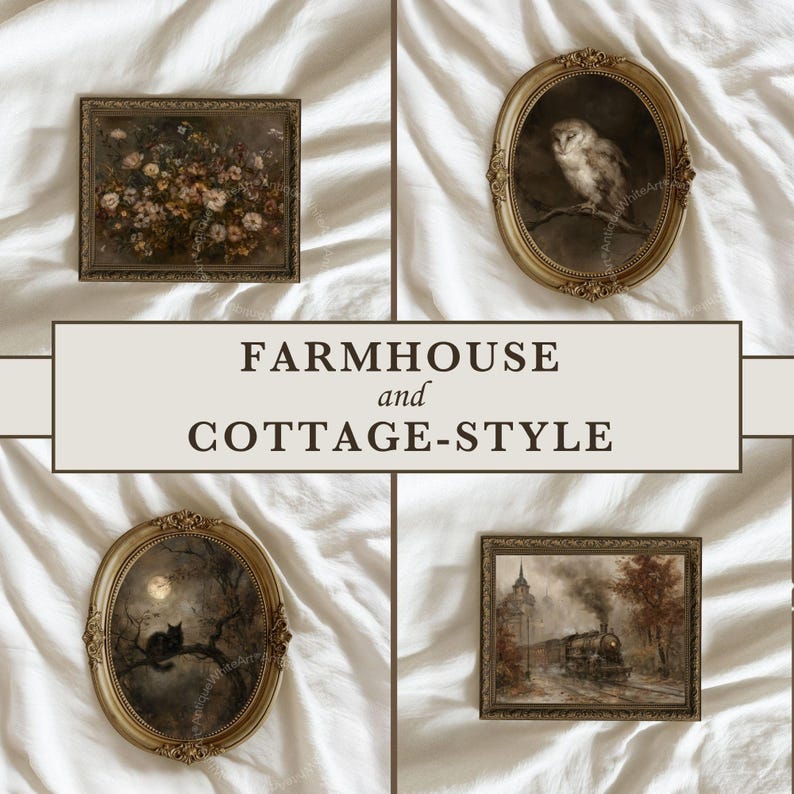 May include: Four framed wall art pieces featuring a floral bouquet, an owl, a cat on a tree branch, and a steam train. The frames are ornate gold-toned metal. The central text reads FARMHOUSE and COTTAGE-STYLE. The art prints are dark and moody.