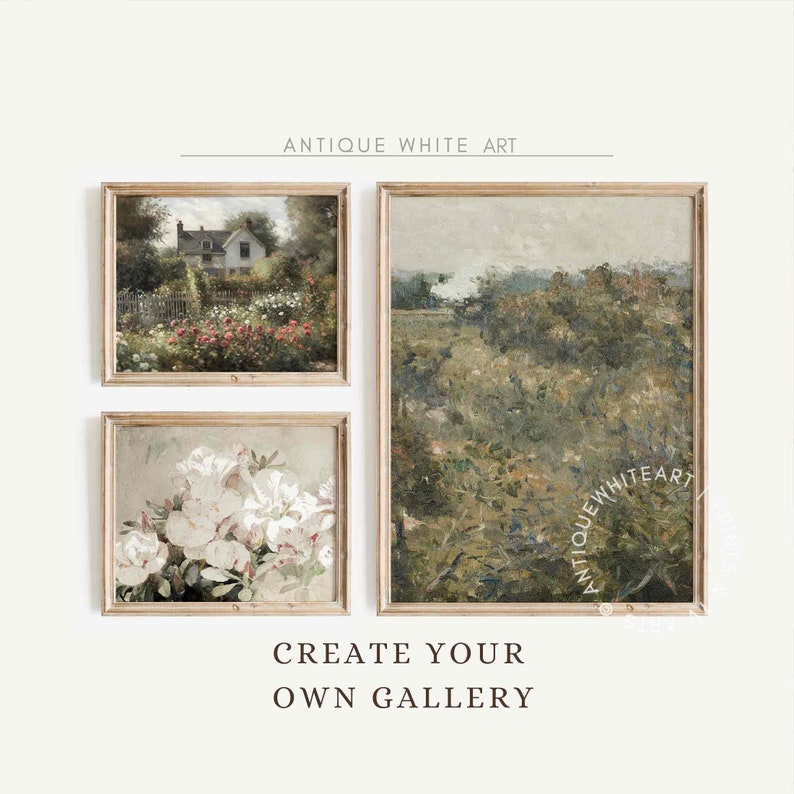 May include: A set of three antique white framed prints featuring vintage landscape paintings. The prints depict a cottage with a garden, a field with trees, and a close-up of white flowers.