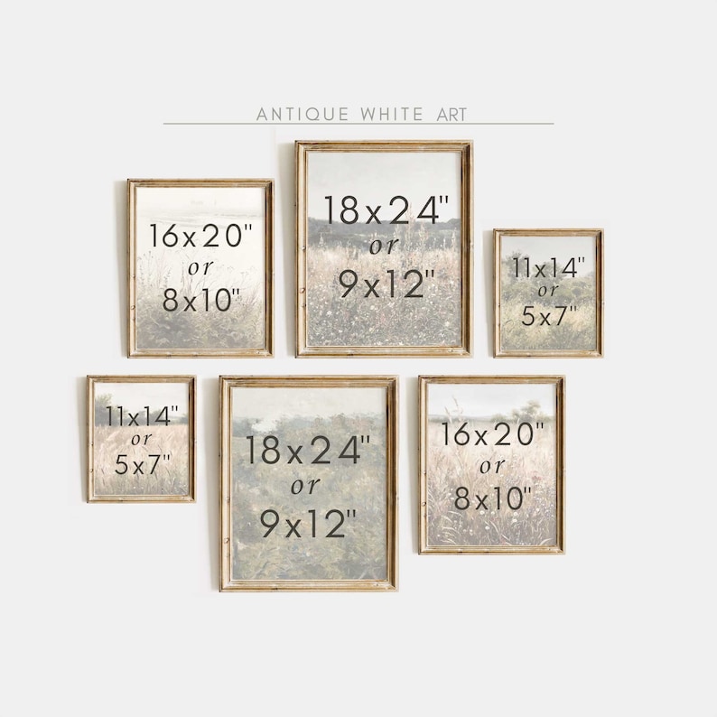 May include: A wall gallery featuring five framed prints of a landscape scene in muted tones. The prints are available in two sizes: 18x24 inches or 9x12 inches, and 16x20 inches or 8x10 inches. The prints are arranged in a staggered pattern on a white wall.