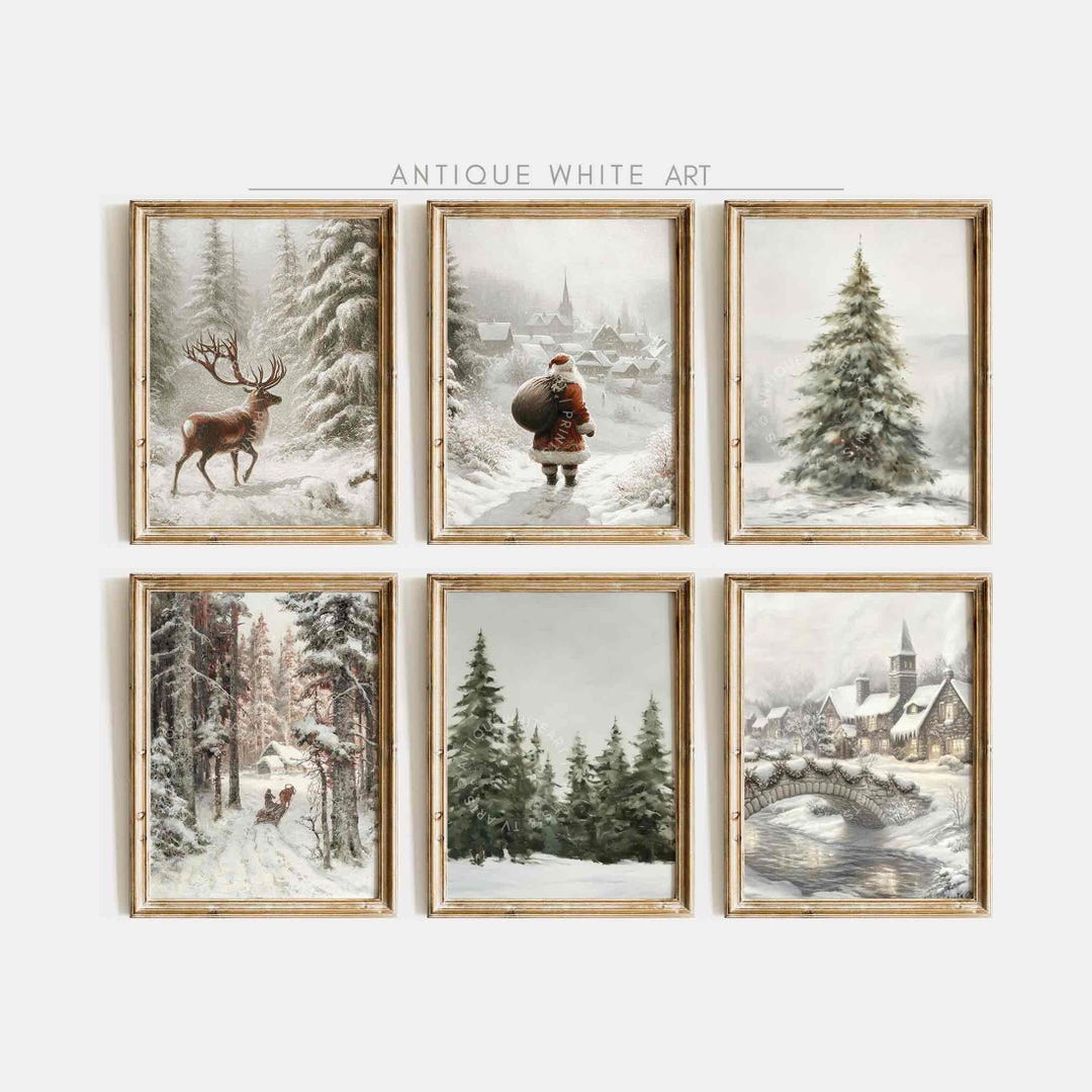 Printable Vintage Christmas Tree Prints, Set of Moody Winter Wall Arts ...
