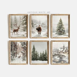 Printable Vintage Christmas Tree Prints, Set of Moody Winter Wall Arts, Santa Claus Print, Farmhouse Christmas Decor, Digital Download S35