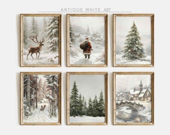 May include: Set of six antique white framed prints with winter scenes. The prints feature a deer in a snowy forest, a man in a red suit walking through a snowy village, a tall evergreen tree in a snowy forest, a snowy forest with a path, a snowy village with a bridge, and a snowy forest with a path.