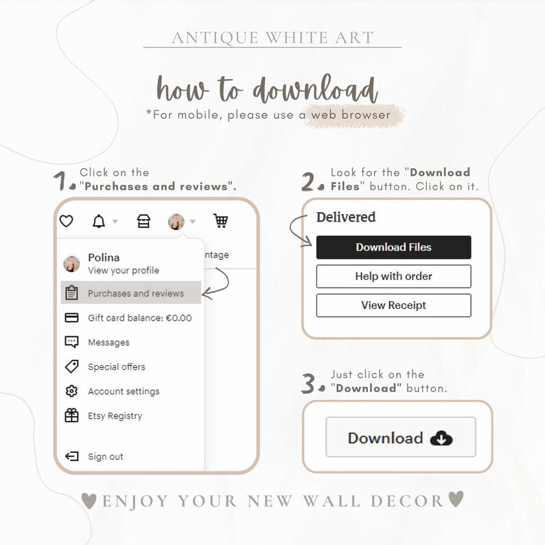 Pu&ograve; includere: Una guida passo passo su come scaricare file digitali da Etsy. L'immagine mostra uno screenshot del sito web di Etsy con istruzioni su come trovare e scaricare i file acquistati. Il testo dell'immagine dice "how to download" e "For mobile, please use a web browser".