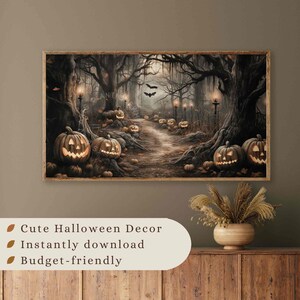 May include: A framed Halloween-themed print depicts a spooky forest path lined with carved jack-o'-lanterns and lit by vintage street lamps. Bats fly overhead, and the text reads "Cute Halloween Decor, Instantly download, Budget-friendly."