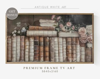 Samsung Frame TV Art, Dark Bookish Art, Still Life with Books, Library Books Frame TV, Rustic Vintage Oil Painting, Digital Download | TV370