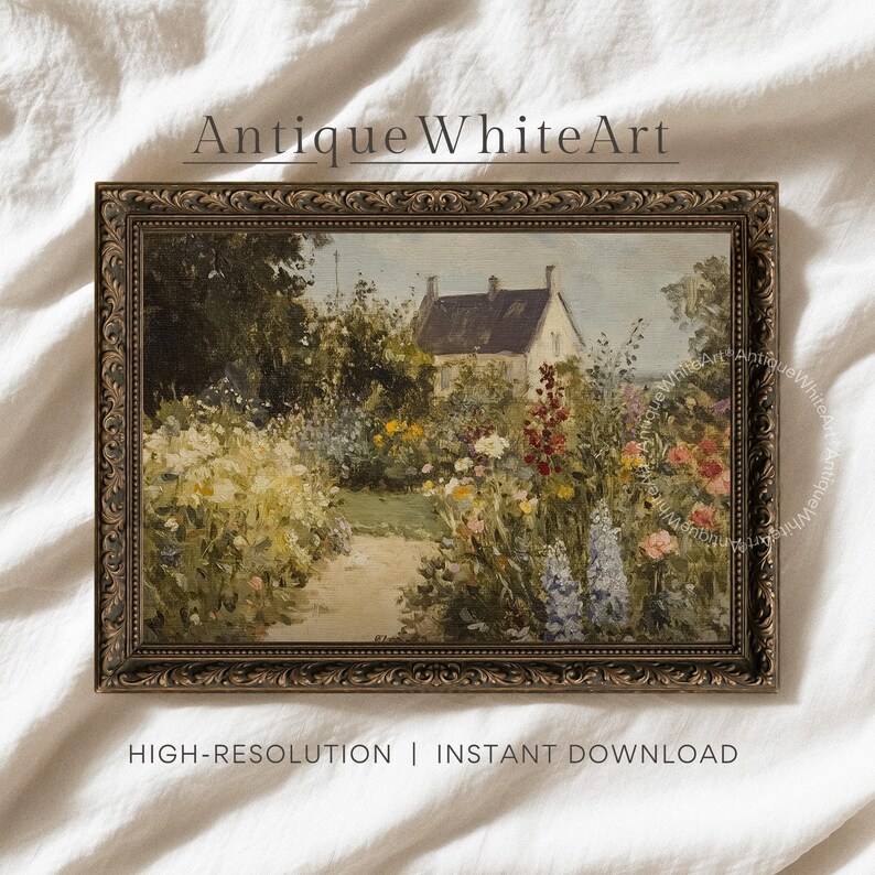 Printable Cottage Garden Wall Art, Spring Landscape Painting Print ...