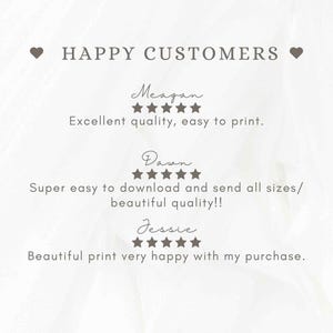 May include: A digital print featuring customer testimonials. The text reads "HAPPY CUSTOMERS" above three reviews. Meagan says "Excellent quality, easy to print." Dawn says "Super easy to download and send all sizes/ beautiful quality!!" Jessie says "Beautiful print very happy with my purchase."