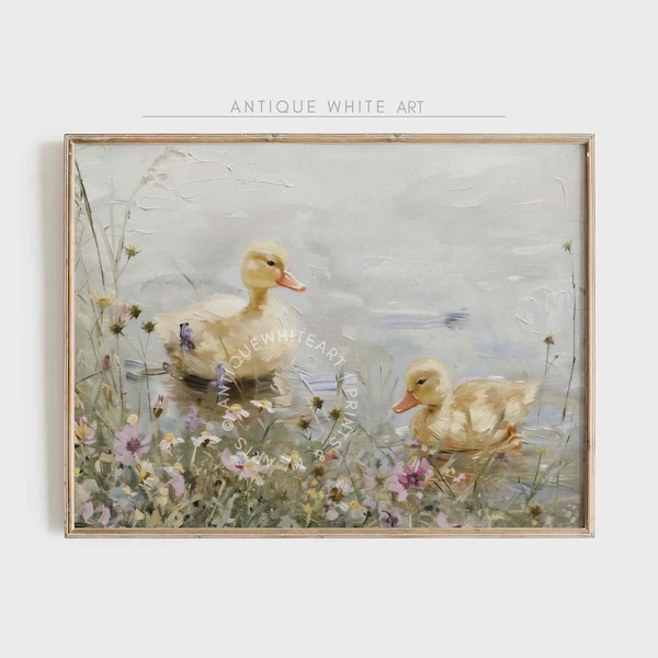 Printable Easter Wall Art, Ducklings Easter Print, Spring Decor, Cute Baby Duck Art, Vintage Wildflowers Painting, Instant Download | A208