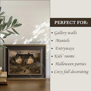 May include: A framed wall art print featuring a dark, atmospheric painting of a cottage surrounded by pumpkins and a black cat, with the text AntiqueWhiteArt. To the right, a list reads PERFECT FOR: Gallery walls, Mantels, Entryways, Kids' rooms, Halloween parties, Cozy fall decorating.