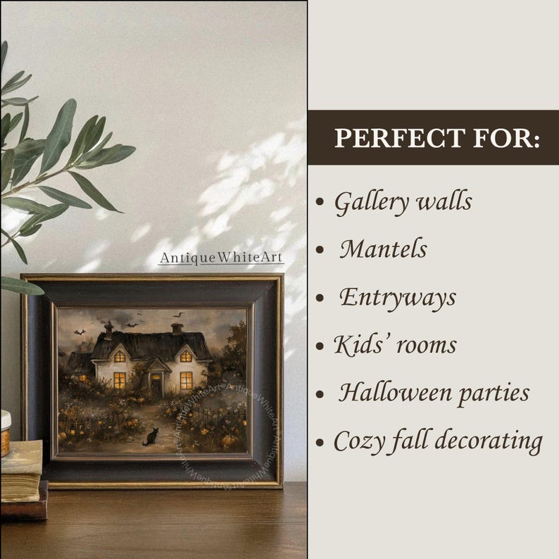 May include: A framed wall art print featuring a dark, atmospheric painting of a cottage surrounded by pumpkins and a black cat, with the text AntiqueWhiteArt. To the right, a list reads PERFECT FOR: Gallery walls, Mantels, Entryways, Kids' rooms, Halloween parties, Cozy fall decorating.