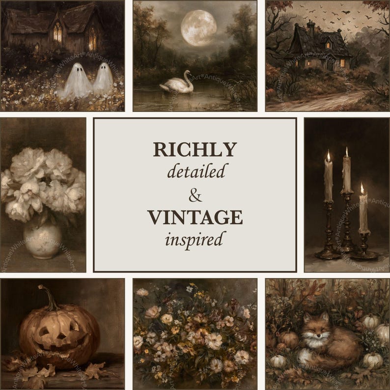 May include: A collage of eight dark, moody images featuring a house with ghosts, a swan on a lake, a cottage, a bouquet of flowers, three lit candles, a carved pumpkin, a floral arrangement, and a fox, with text reading RICHLY detailed & VINTAGE inspired.