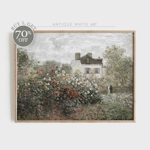 Afdrukbare Cottage & Rose Garden kunst aan de muur, vintage olieverfschilderij, Cottagecore Wall Art Decor, zomer boerderij print, digitale download | A13