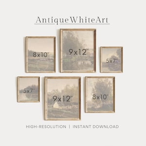 May include: A collection of framed landscape art prints in various sizes: 5x7 inches, 8x10 inches, and 9x12 inches. The prints feature muted tones and are displayed against a neutral background. The text "Antique WhiteArt" is at the top.