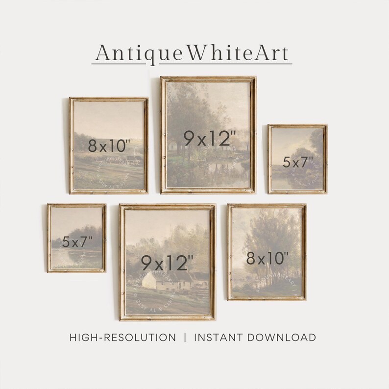 May include: A collection of framed landscape art prints in various sizes: 5x7 inches, 8x10 inches, and 9x12 inches. The prints feature muted tones and are displayed against a neutral background. The text "Antique WhiteArt" is at the top.