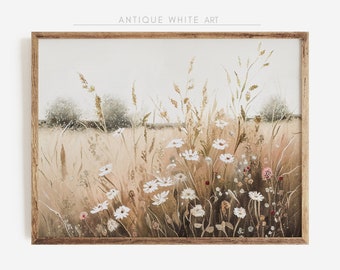 Printable Wildflower Field Landscape Oil Painting, Country Landscape Art Print, Farmhouse Wall Art Digital Download | A35