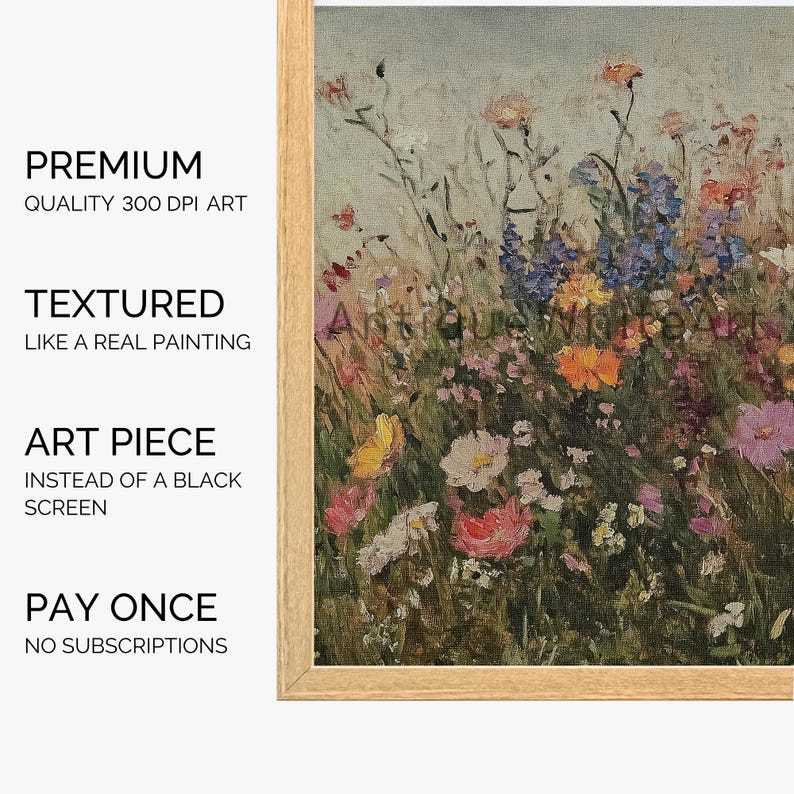 Puede incluir: Una pintura enmarcada de un campo de flores silvestres en varios tonos de rosa, morado, amarillo y blanco. Las flores est&aacute;n dispuestas en un patr&oacute;n suelto y natural, y el fondo es un suave azul.