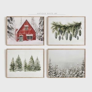 Set di 4 stampe natalizie stampabili, inverno innevato, stampe di alberi di Natale, set di decorazioni murali invernali, decorazioni natalizie in stile fattoria, download digitale / S27
