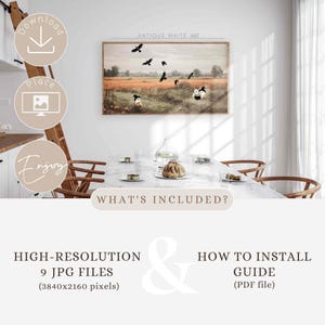 May include: A framed landscape art print with a field of wheat and flying crows. The text "ANTIQUE WHITE ART" is above the artwork. The image also includes the text "WHAT'S INCLUDED?" and details about high-resolution JPG files and a PDF guide.