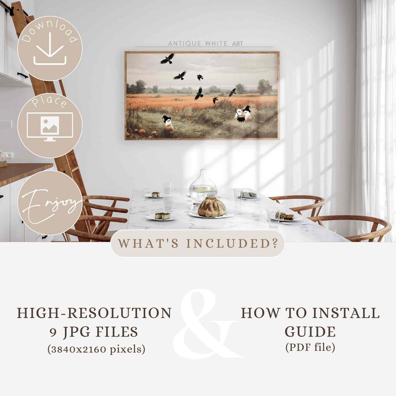 May include: A framed landscape art print with a field of wheat and flying crows. The text "ANTIQUE WHITE ART" is above the artwork. The image also includes the text "WHAT'S INCLUDED?" and details about high-resolution JPG files and a PDF guide.