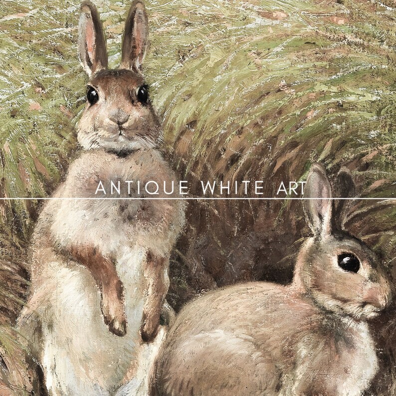 Peut inclure: Une peinture repr&eacute;sentant deux lapins dans un champ d'herbe haute. Le lapin de gauche est debout, les pattes repli&eacute;es. Le lapin de droite est couch&eacute;, la t&ecirc;te tourn&eacute;e sur le c&ocirc;t&eacute;. La peinture est r&eacute;alis&eacute;e dans un style r&eacute;aliste avec des couleurs douces.