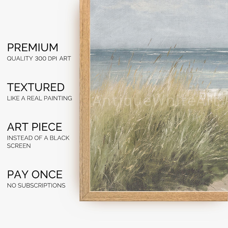 May include: A framed print of a seascape painting with a textured surface. The painting depicts a close-up of tall green grass blowing in the wind with a blue ocean in the background.