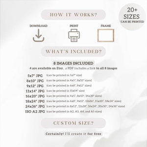 May include: A white and beige graphic with the text "How it works?" and "What's included?"  The graphic lists 8 different sizes of JPG images available for download, including 5x7", 8x10", 9x12", 11x14", 16x20", 18x24", 24x36", and ISO A2. The graphic also states that 20+ sizes can be printed and that a PDF with a link to all 8 images is included.