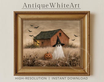 Ghost and Pumpkin Print, Vintage Halloween painting, Witchy Wall Art (Digital Download) | A951