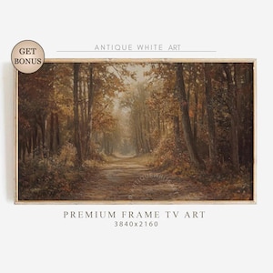 May include: An antique framed art print depicting a forest scene with a path leading into the distance. The artwork features a palette of warm browns, golds, and greens, with the text "ANTIQUE WHITE ART" and "PREMIUM FRAME TV ART" visible.