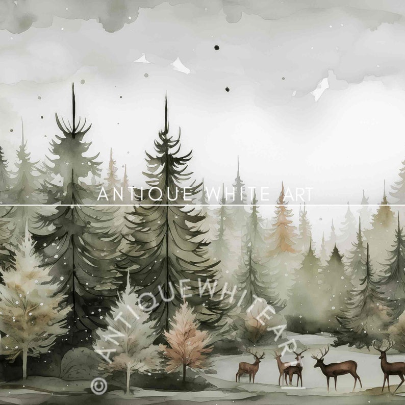 Winter Forest Painting Samsung Frame TV Art, Fir Trees Art for TV, Winter Landscape with Deers, Farmhouse Decor, Digital Download WA40 image 3