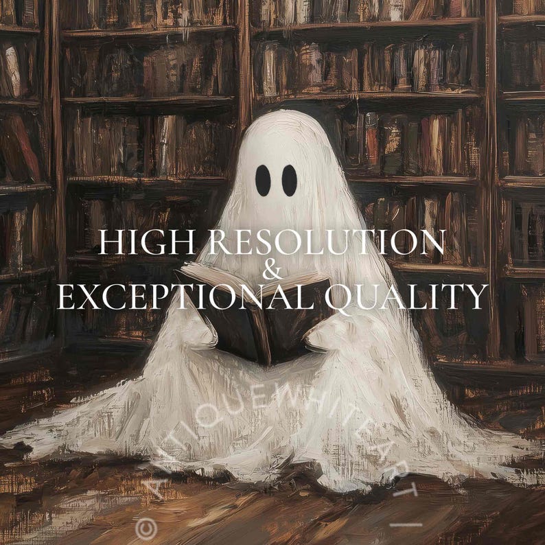 May include: An oil painting of a white ghost draped in a sheet with two black oval eyes, sitting and reading an open book. The background features dark wooden bookshelves filled with many books. Text reads: HIGH RESOLUTION & EXCEPTIONAL QUALITY.