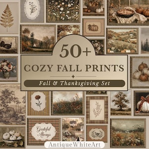 May include: A collection of 50+ digital wall art prints featuring autumn themes, including landscapes, pumpkins, floral arrangements, turkeys, and text-based designs like Grateful Always, presented in a collage with a central text overlay.