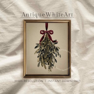 May include: Framed art print featuring a watercolor illustration of mistletoe with a burgundy ribbon and bow. The artwork is in a gold frame with the text "Antique White Art" at the top and "HIGH-RESOLUTION | INSTANT DOWNLOAD" at the bottom.
