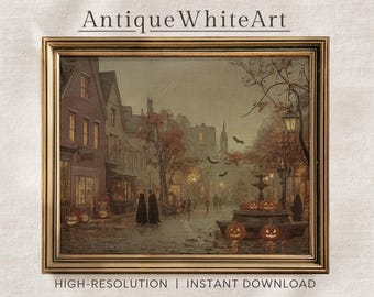 May include: A framed vintage print depicting a Halloween scene. The artwork features a street with buildings, jack-o'-lanterns, and figures. The text "Antique White Art" and "HIGH-RESOLUTION | INSTANT DOWNLOAD" are visible.