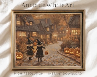 May include: A framed print of a Halloween scene. Two children in witch costumes walk down a cobblestone street, carrying jack-o'-lantern buckets. Lit pumpkins line the path. The artwork is in warm tones with the text "Antique White Art" and "High-Resolution | Instant Download".