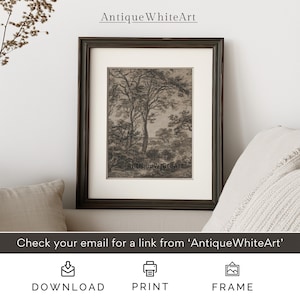 May include: A black and white vintage illustration of a woodland scene with trees and a distant view. The image is framed in a dark brown frame and is displayed on a white wall.