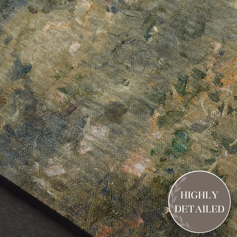 May include: Abstract painting with a textured, mottled surface. The painting features a variety of colours, including green, brown, and beige. The paint is applied in thick strokes, creating a sense of depth and movement.