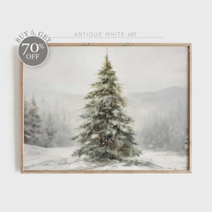 May include: A framed winter landscape painting depicting a snow-covered fir tree. The artwork uses a muted palette of white, grey, and brown. The text "ANTIQUE WHITE ART" is visible at the top. A circular graphic indicates a 70% discount.