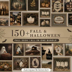 May include: A digital collection of 150+ Fall & Halloween themed art prints featuring ghosts, black cats, pumpkins, haunted houses, and autumn landscapes. The bundle includes various framed illustrations with text reading 150+ FALL & HALLOWEEN.