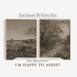 May include: Two framed sepia-toned landscape prints. The left print depicts a windmill on a hill, the right print shows a path through a forest. The text "Antique White Art" is at the top. The text "Any Questions? I'M HAPPY TO ASSIST" is at the bottom.