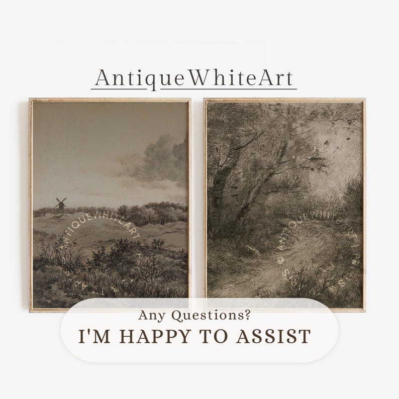 May include: Two framed sepia-toned landscape prints. The left print depicts a windmill on a hill, the right print shows a path through a forest. The text "Antique White Art" is at the top. The text "Any Questions? I'M HAPPY TO ASSIST" is at the bottom.