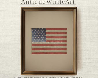 Printable American Flag Painting, Vintage Independence Day Art, 4th of July Print, Patriotic Americana Wall Decor, Antique White Art |A438