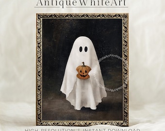 Printable Halloween Wall Art, Cute Ghost Holding Pumpkin Painting, Spooky Halloween Prints, Halloween Decor, Downloadable Wall Art | A488