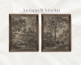 May include: Two antique framed prints of a forest scene in black and white. The frames are ornate and have a dark brown finish. The prints are in a vintage style and depict a forest with trees and foliage.