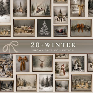 May include: A selection of framed winter paintings featuring snowy scenes, churches, and figures. The text reads "20+ WINTER SNOWY DAYS COLLECTION". The artwork includes a train, a Christmas tree, and a reindeer in a snowy forest.